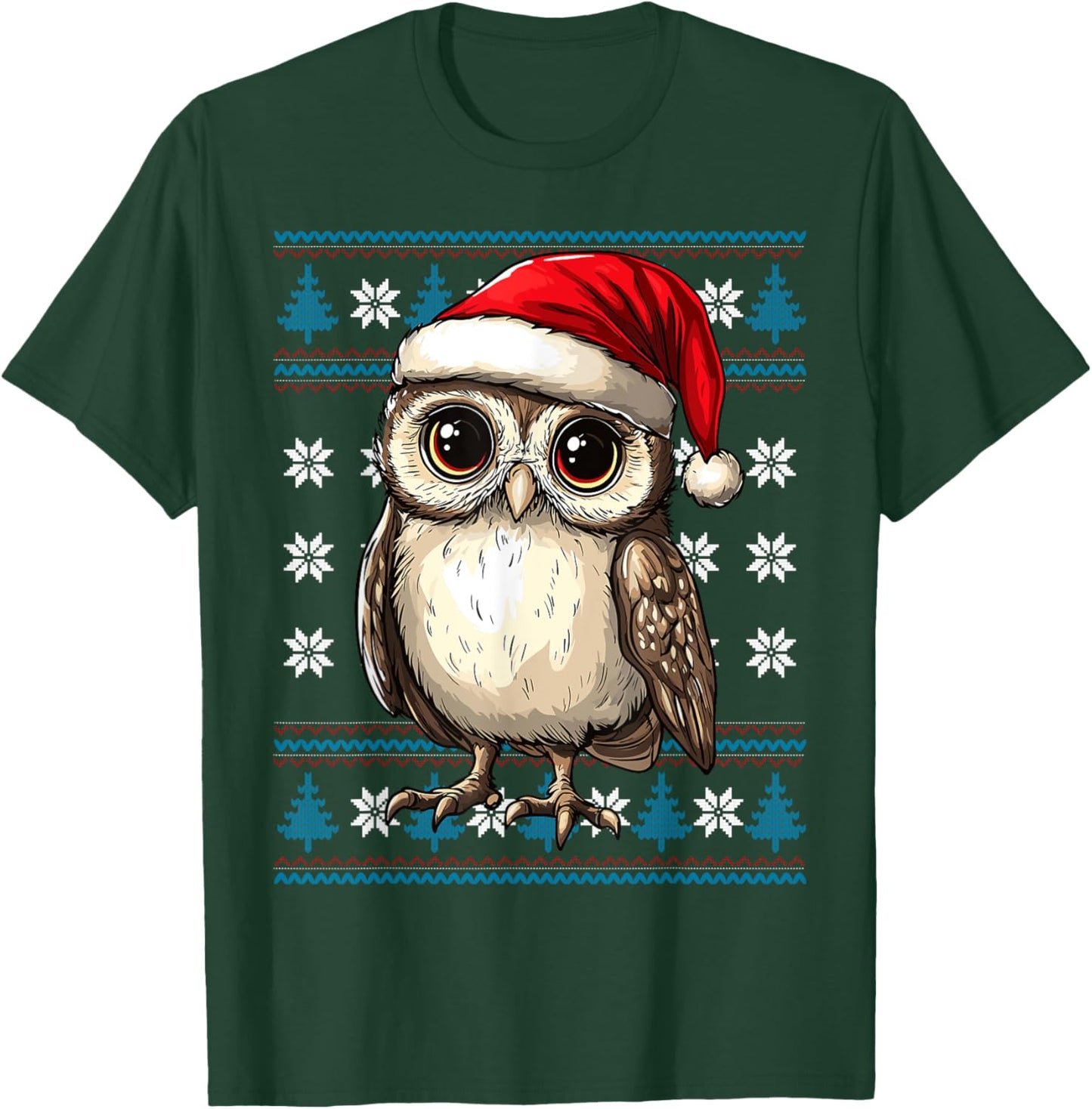 Owl Santa Hat Ugly Christmas Sweater Owl Lovers Holiday T-Shirt - T-Shirt | Forest