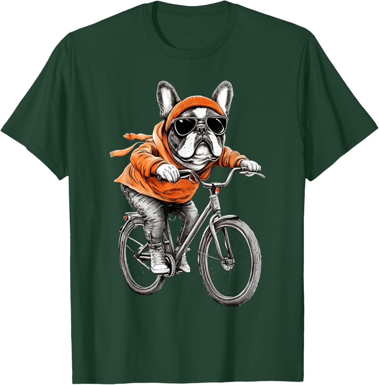 Retro Winter French Bulldog Riding Bicycle Biker Cyclist T-Shirt - T-Shirt | Forest