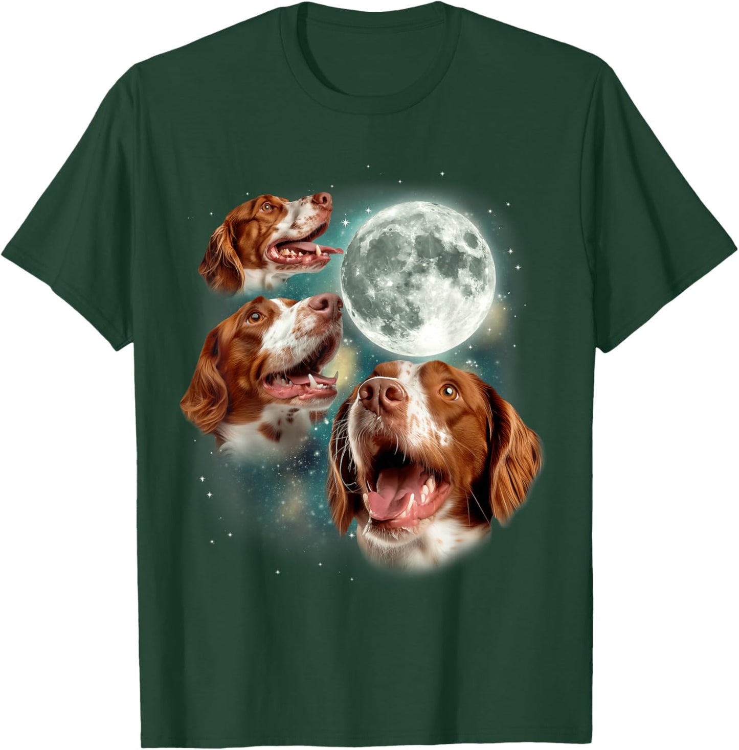 Three Brittany Spaniel Moon | 3 Spaniels Howling at Moon Dog T-Shirt - T-Shirt | Forest