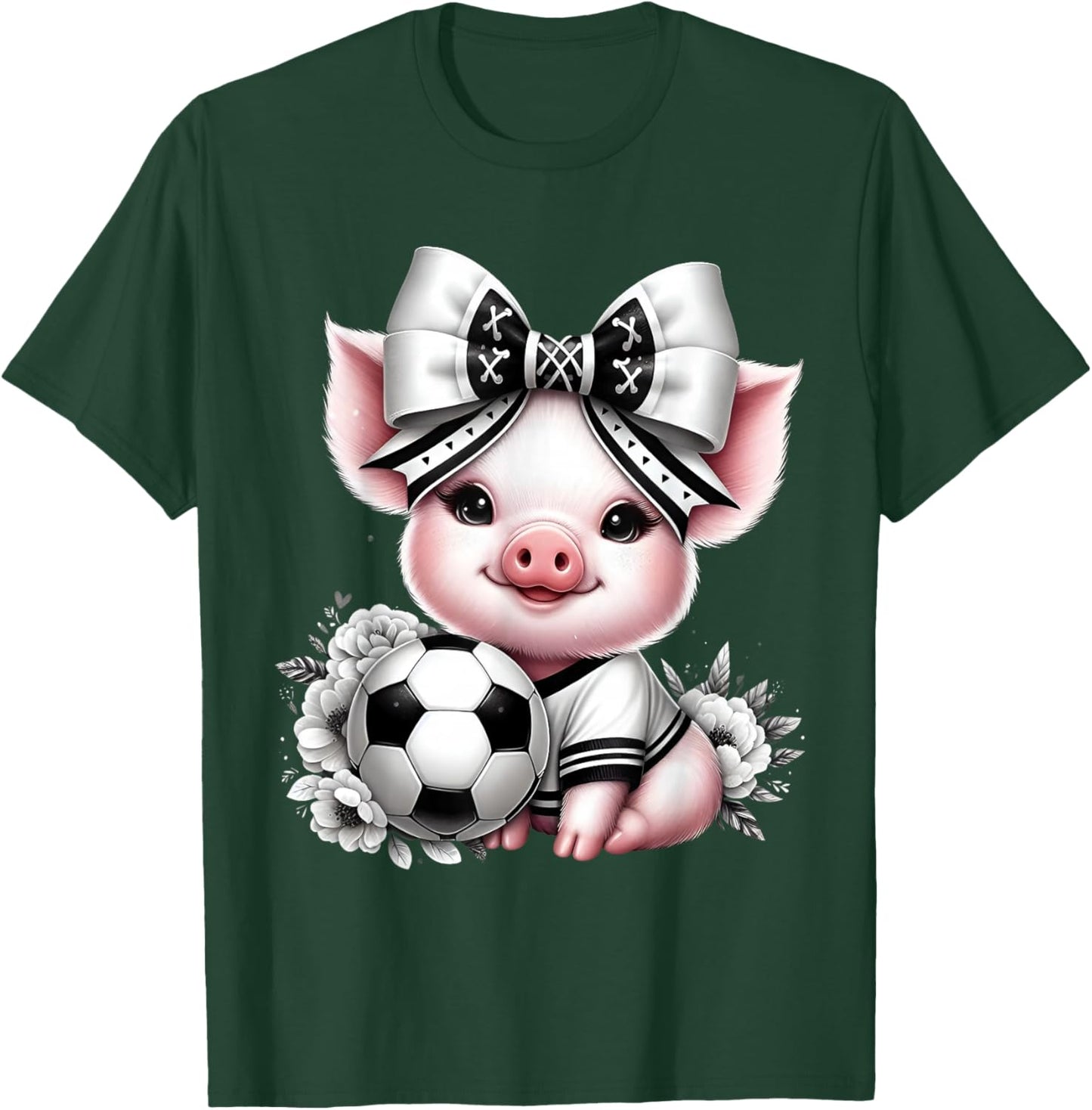 Cute Pig Black & White Soccer Coquette Bow Soccer Player Pig T-Shirt - T-Shirt | Forest