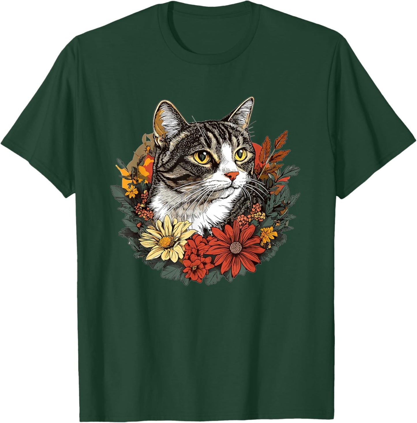Tabby Cat Surrounded By Colorful Flowers T-Shirt - T-Shirt | Forest