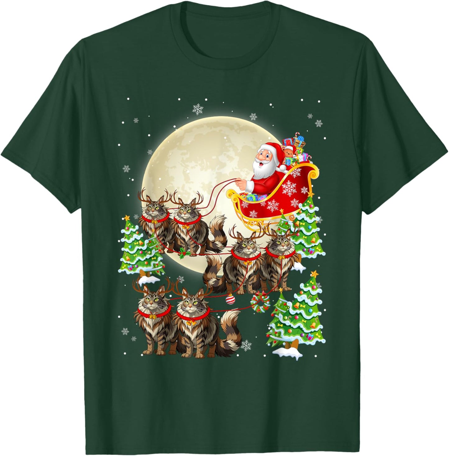 Funny Maine Coon Cat Reindeer Santa Sleigh Merry Christmas T-Shirt - T-Shirt | Forest