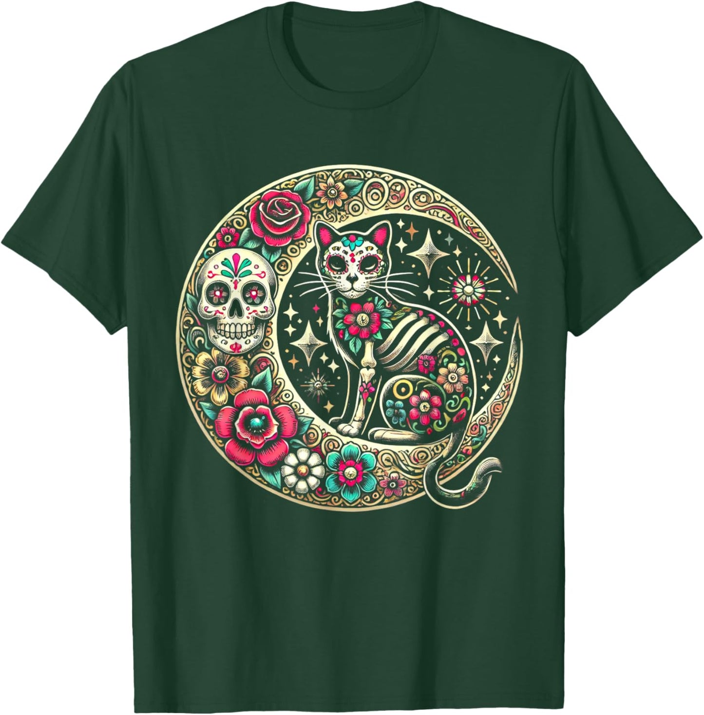 Cat Moon Dia De Los Muertos Day Of The Dead Sugar Skull T-Shirt - T-Shirt | Forest