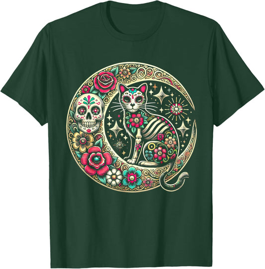 Cat Moon Dia De Los Muertos Day Of The Dead Sugar Skull T-Shirt - T-Shirt | Forest