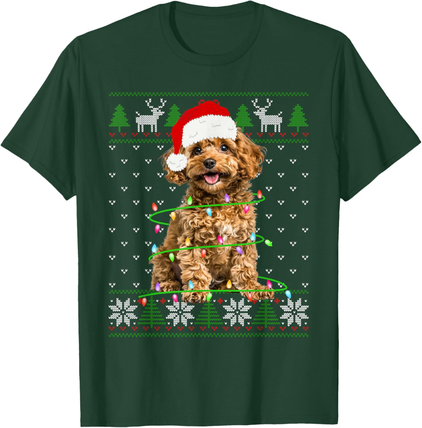Poodle Dog Christmas Tree Lights Puppy Dog Lover T-Shirt - T-Shirt | Forest