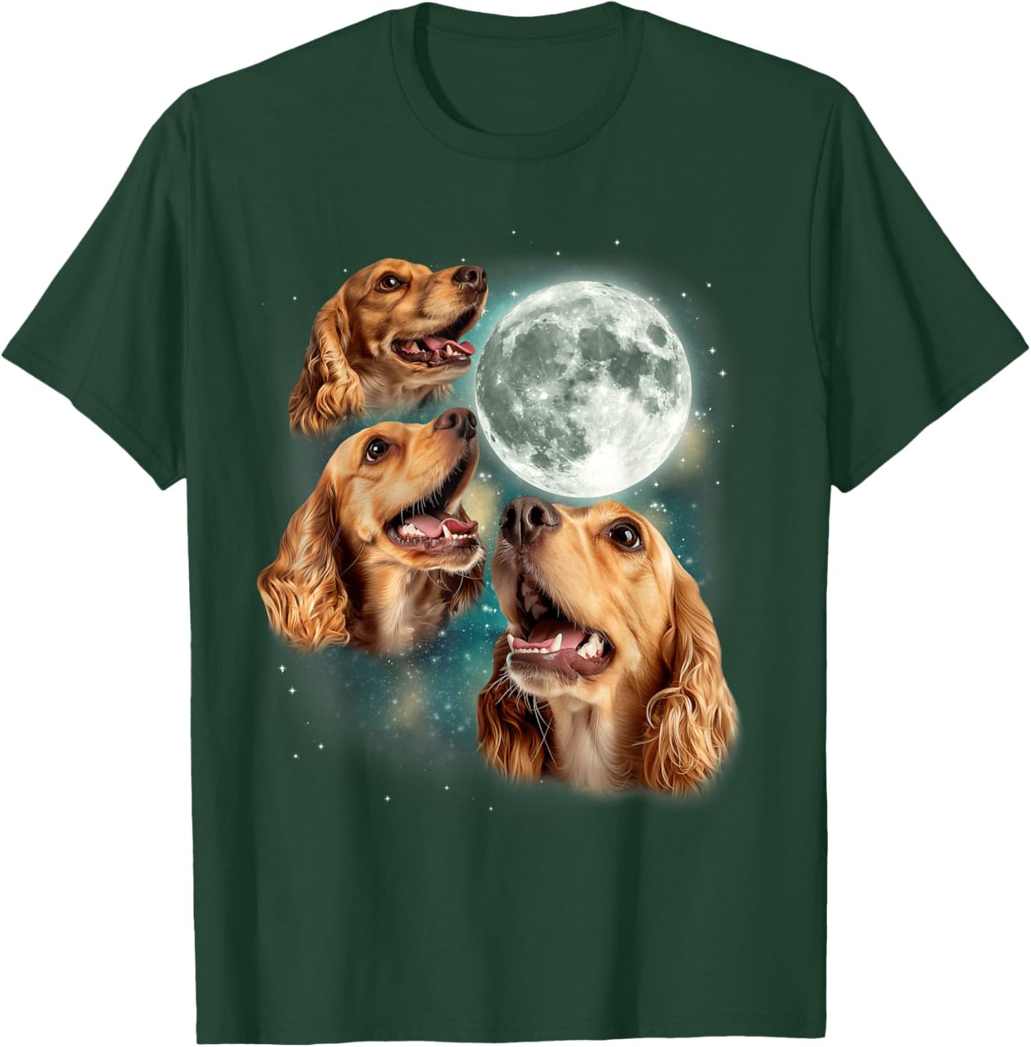 Three Cocker Spaniel Moon | 3 Canines Howling Cute Dog Lover T-Shirt - T-Shirt | Forest