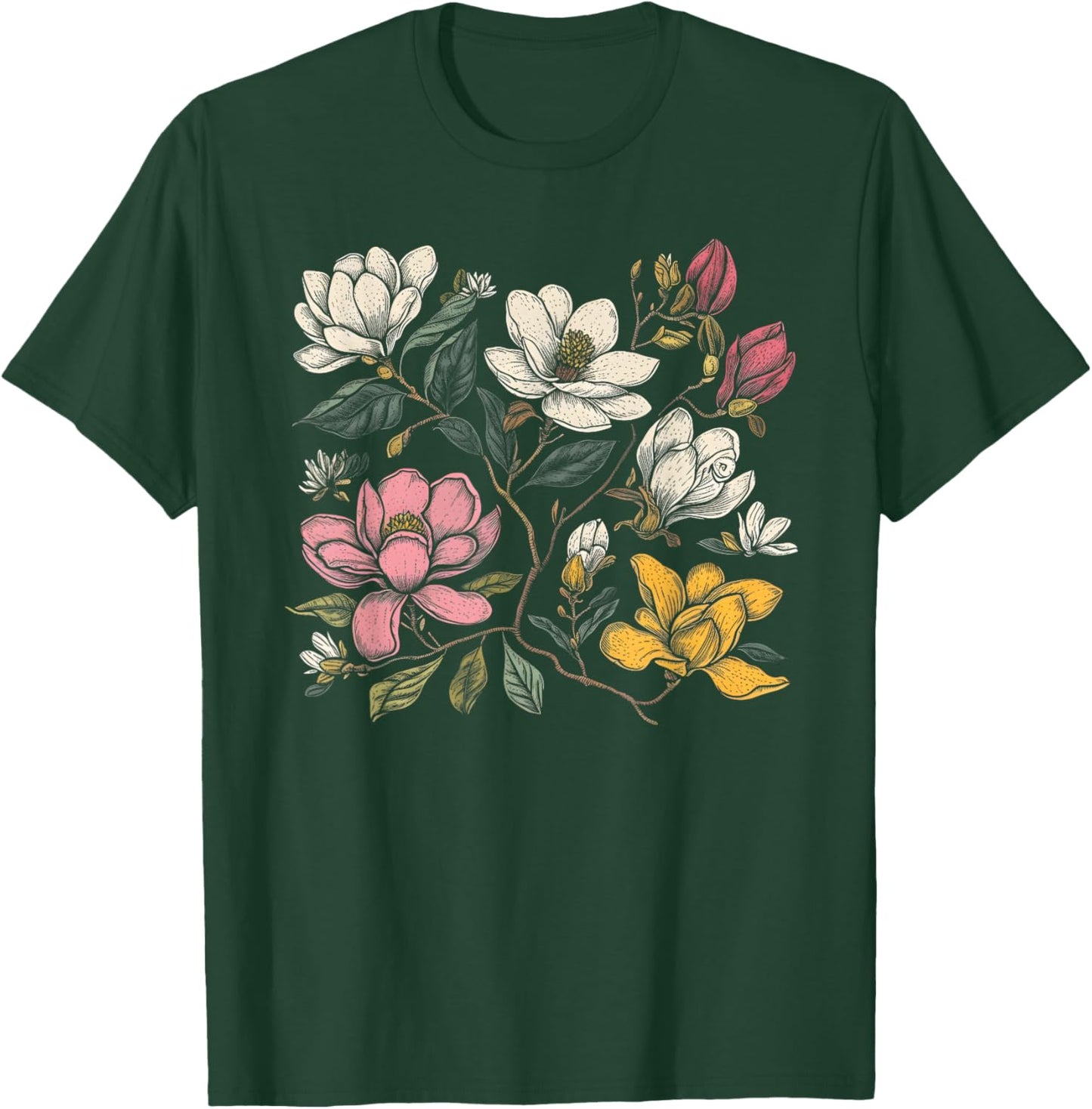 Vintage Botanical Magnolia Flower Girl Cute Floral Plant Mom T-Shirt - T-Shirt | Forest
