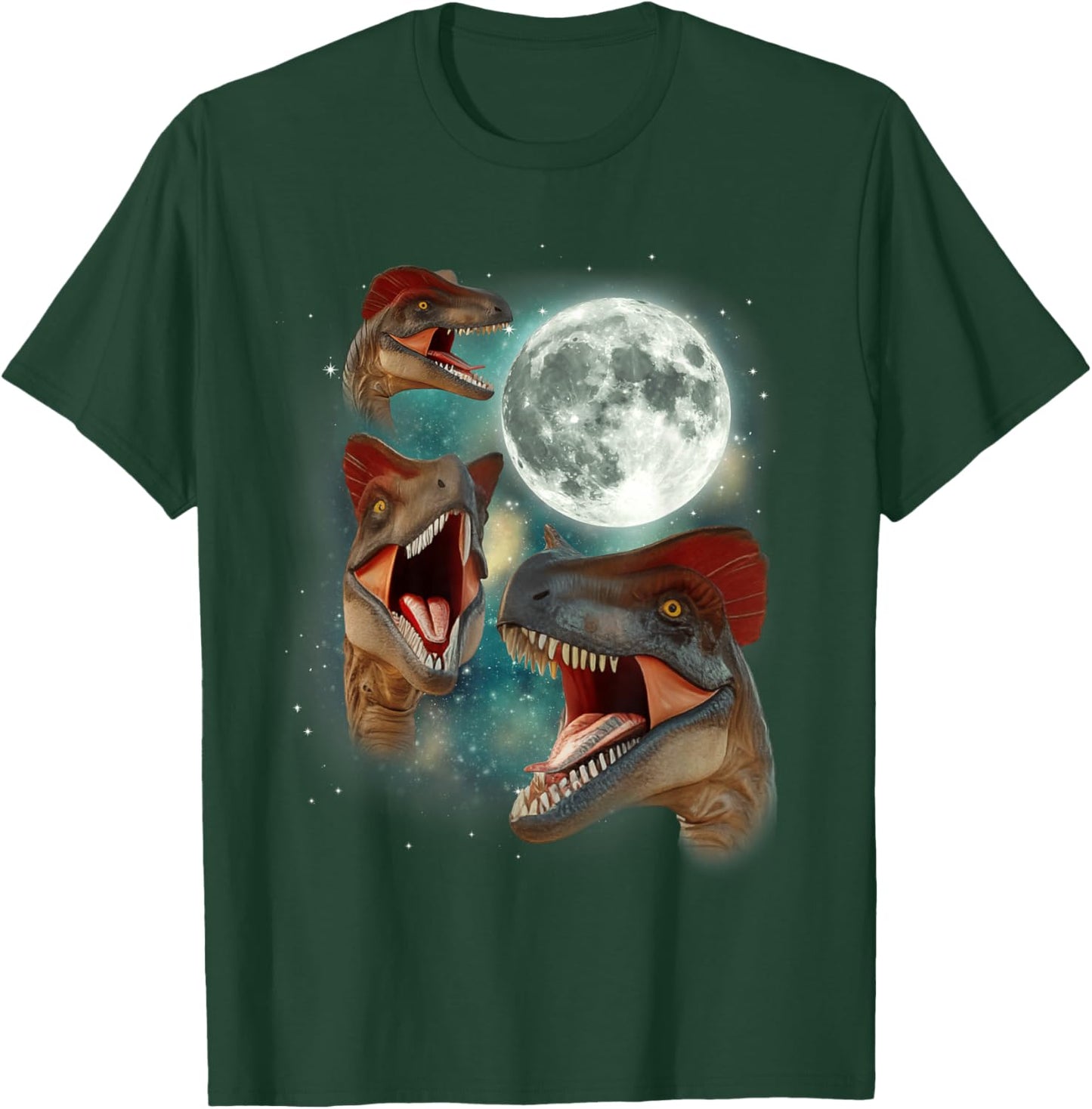 Three Dilophosaurus Moon | 3 Dinosaur Prehistoric Roar Dino T-Shirt - T-Shirt | Forest