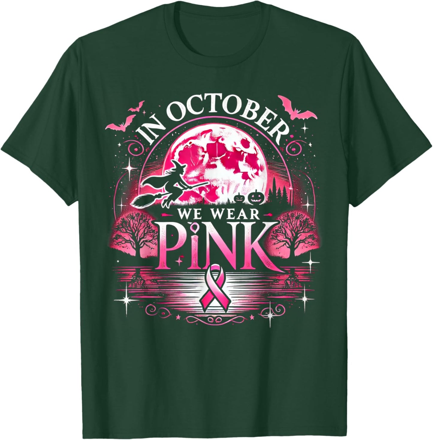 October We Wear Pink Witch Halloween Moon T-Shirt - T-Shirt | Forest