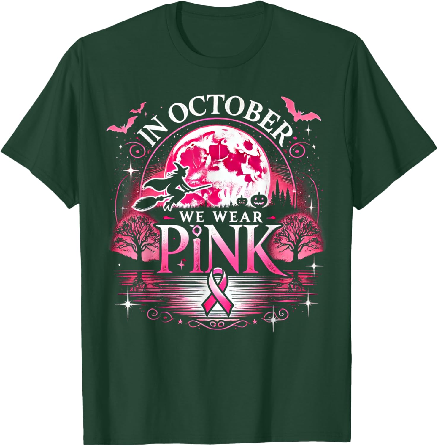 October We Wear Pink Witch Halloween Moon T-Shirt - T-Shirt | Forest