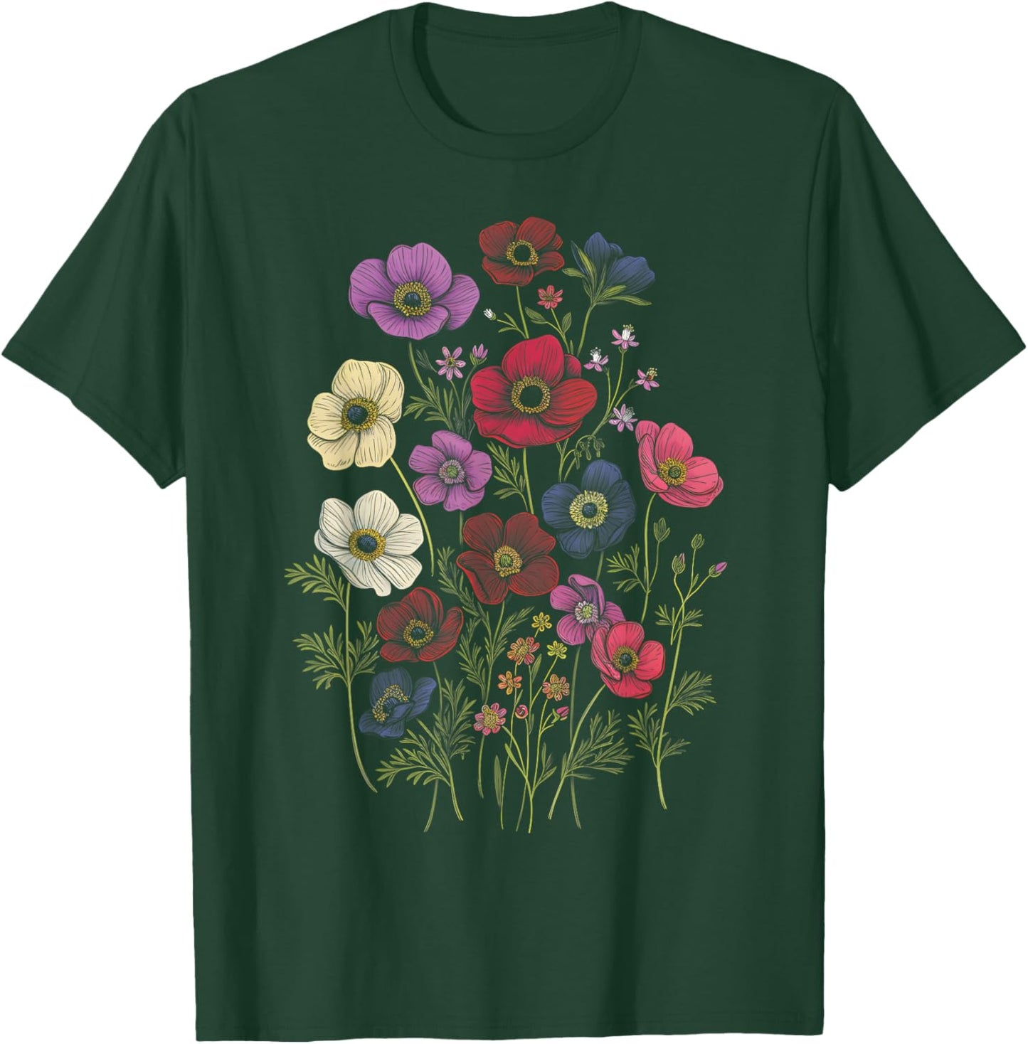 Vintage Botanical Anemone Flower Girl Cute Floral Plant Mom T-Shirt - T-Shirt | Forest