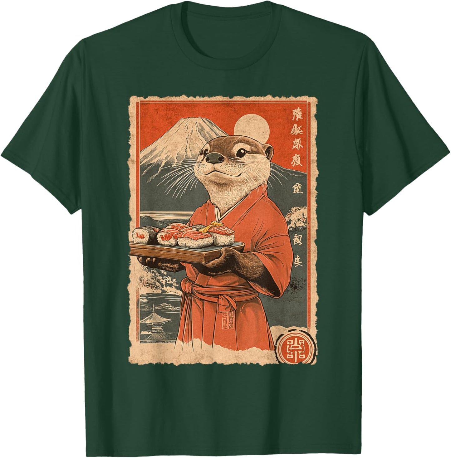 Funny Vintage Japanese Food Art Cute Sea Otter Sushi Chef T-Shirt - T-Shirt | Forest