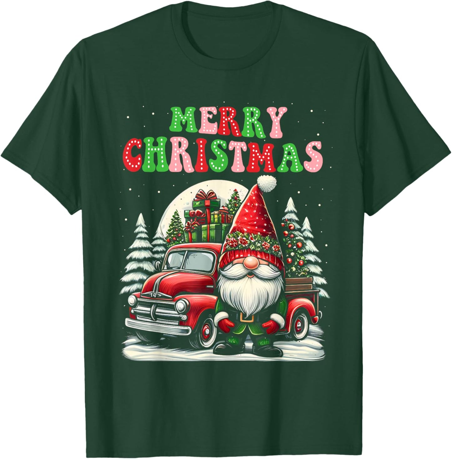 Groovy Merry Christmas Gnomes Red Truck Xmas Gnomes Lover T-Shirt - T-Shirt | Forest