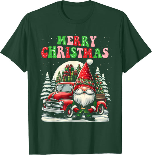 Groovy Merry Christmas Gnomes Red Truck Xmas Gnomes Lover T-Shirt - T-Shirt | Forest