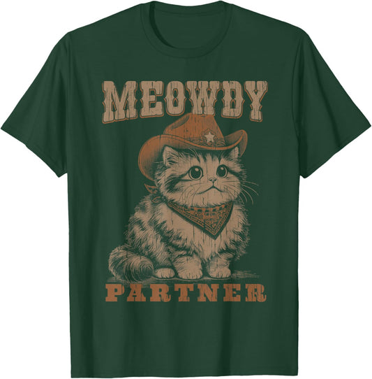 Meowdy Partner Funny Cat Cowboy Vintage Graphic T-Shirt - T-Shirt | Forest