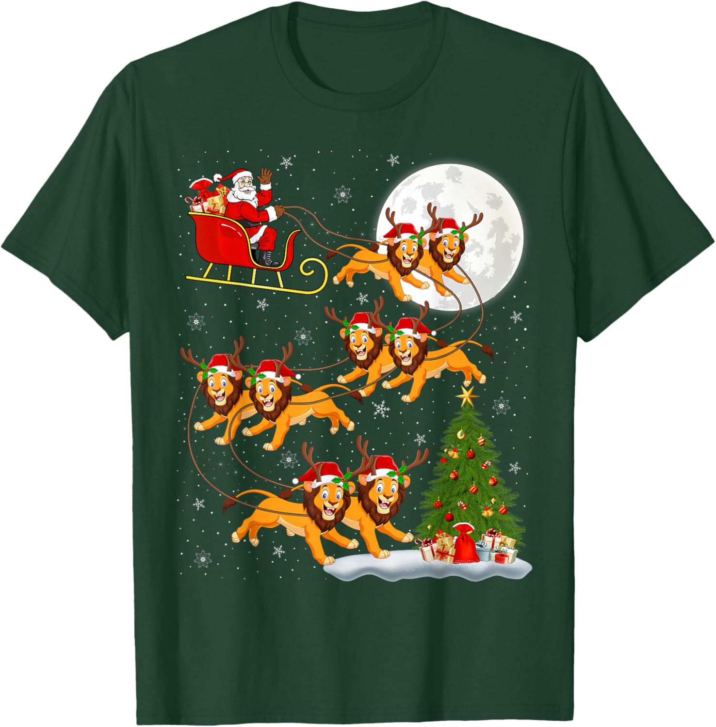 Xmas Tree Lights Funny Santa Riding Lion Christmas T-Shirt - T-Shirt | Forest