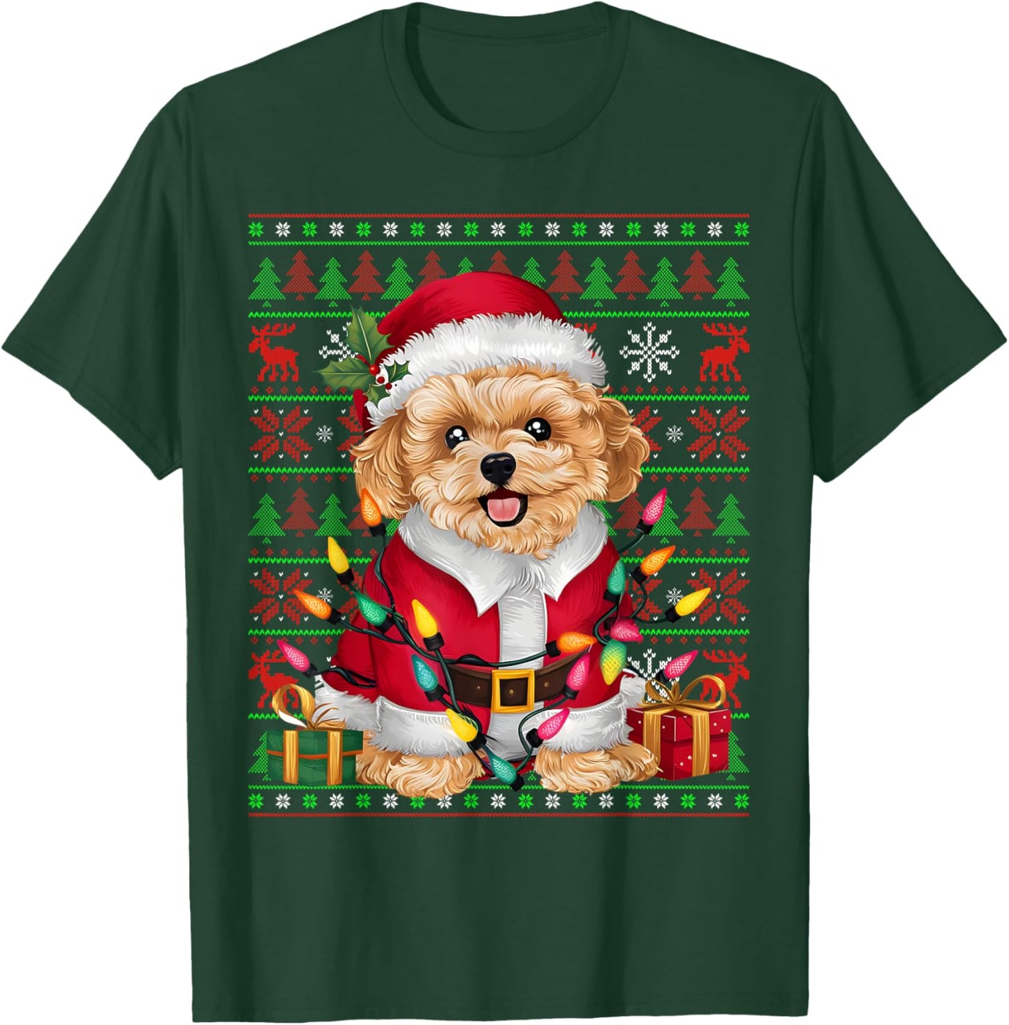 Maltipoo Dog Xmas Lights Ugly Santa Maltipoo Christmas T-Shirt - T-Shirt | Forest