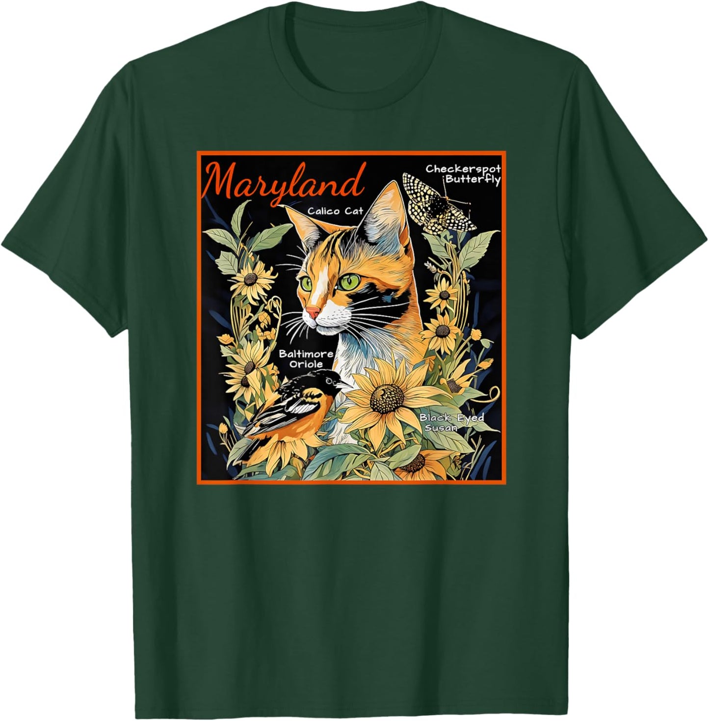Maryland's Official Cat Butterfly and Bird a Colorful Art Men Women Kids T-Shirt - T-Shirt | Forest
