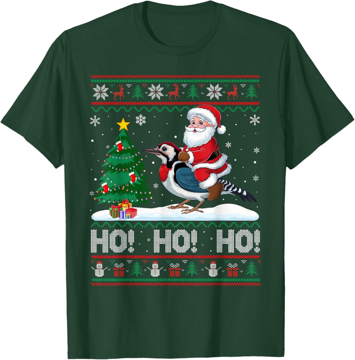 Xmas Tree Lighting Santa Riding Woodpecker Christmas T-Shirt - T-Shirt | Forest