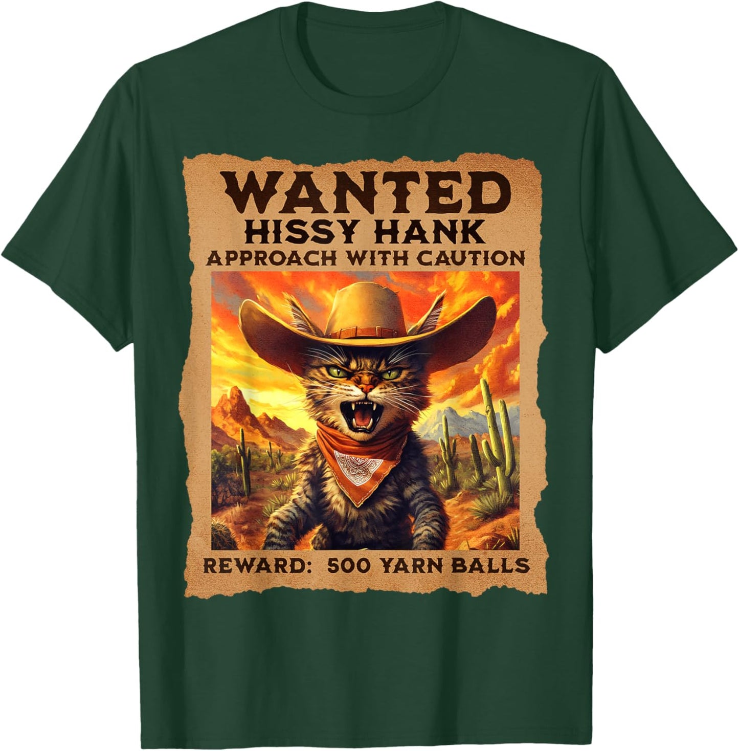 'Wanted: Hissy Hank' Funny Cowboy Cat Western - -Adults and Kids - Black - Small - Short Sleeve T-Shirt - T-Shirt | Forest