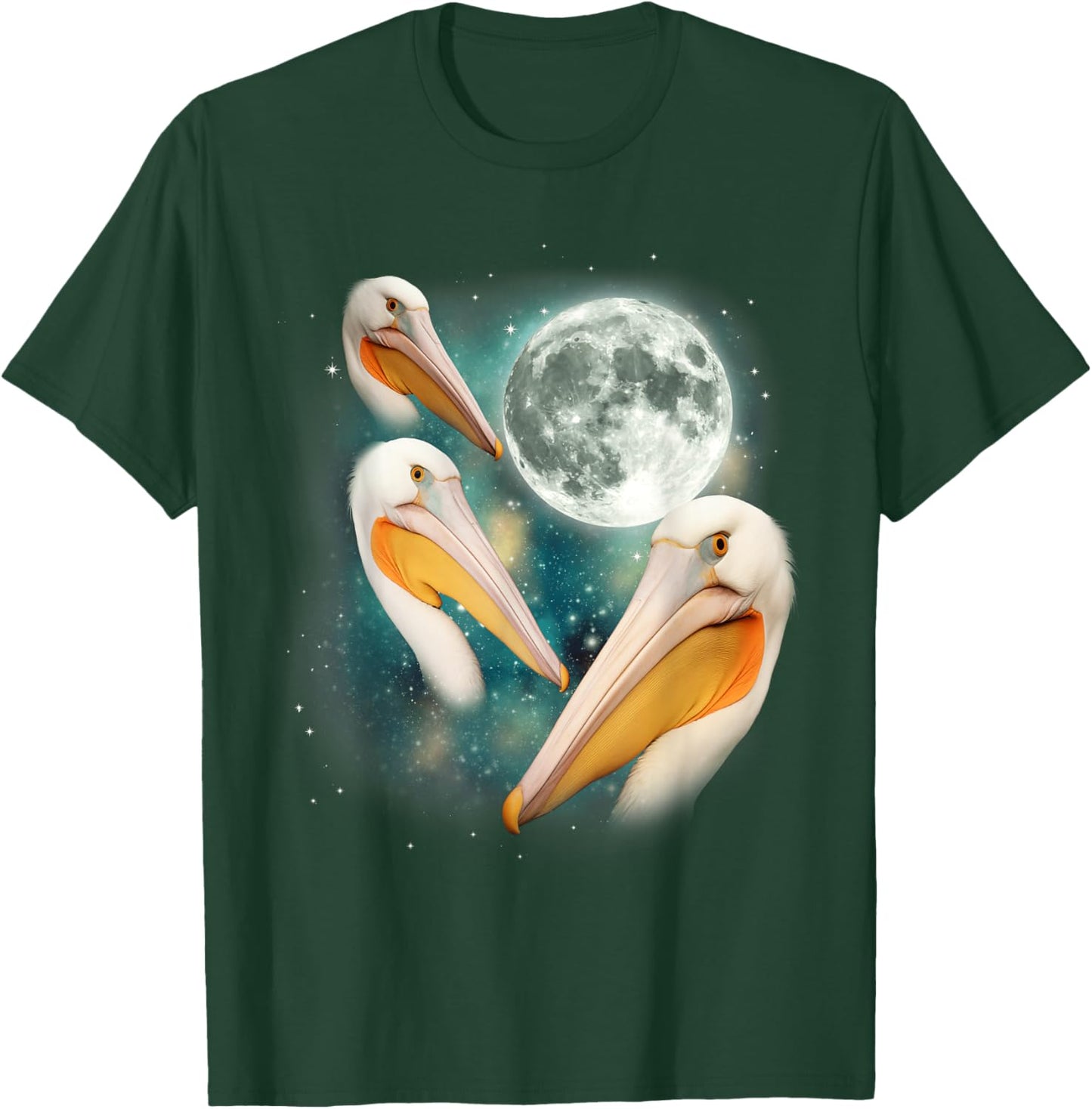 3 Pelican Moon | Three Pelicans 3 Moon Ocean Wildlife Bird T-Shirt - T-Shirt | Forest
