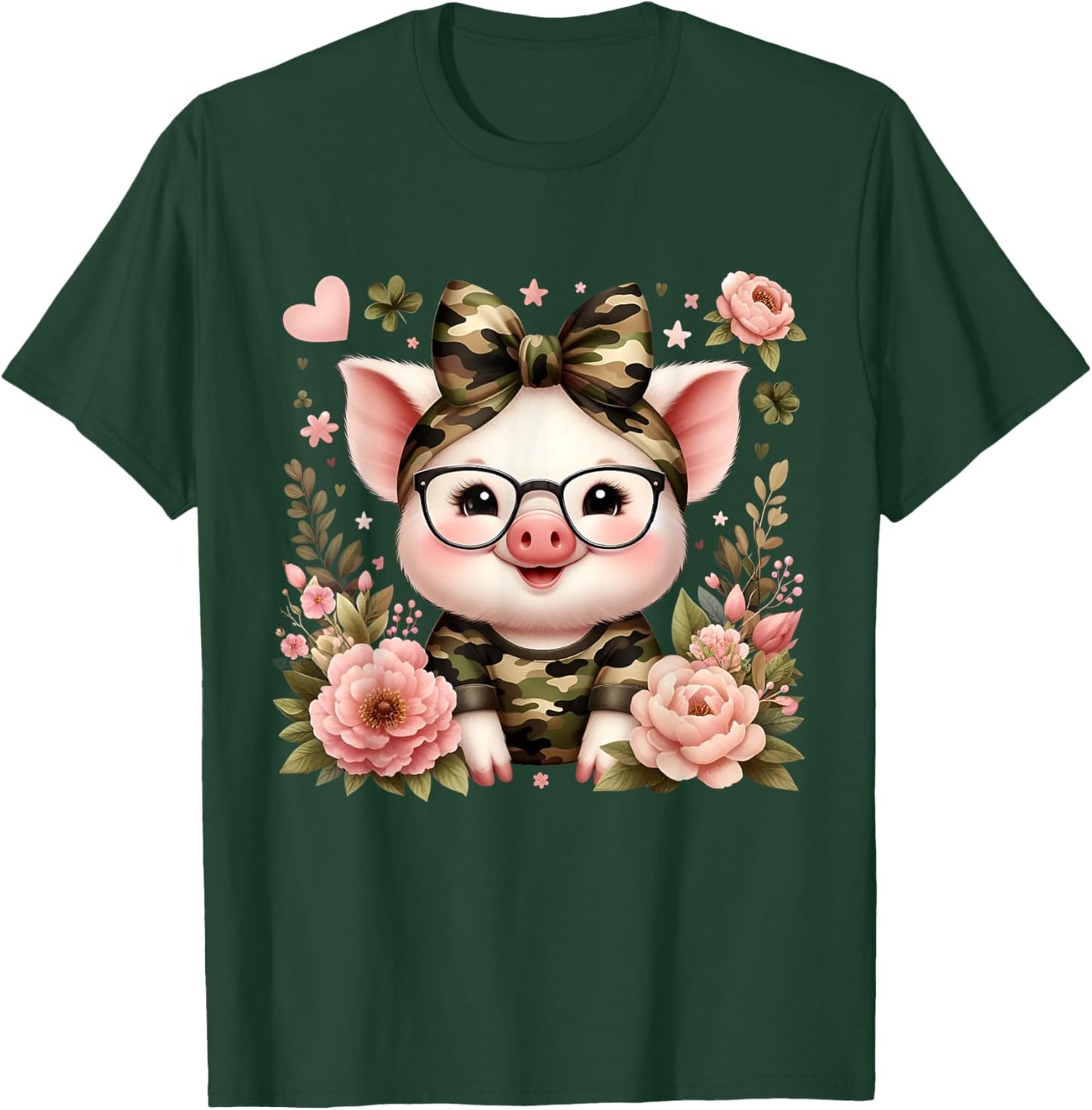 Cute Pig Camouflage Camo Coquette Bow Headband Flower T-Shirt - T-Shirt | Forest