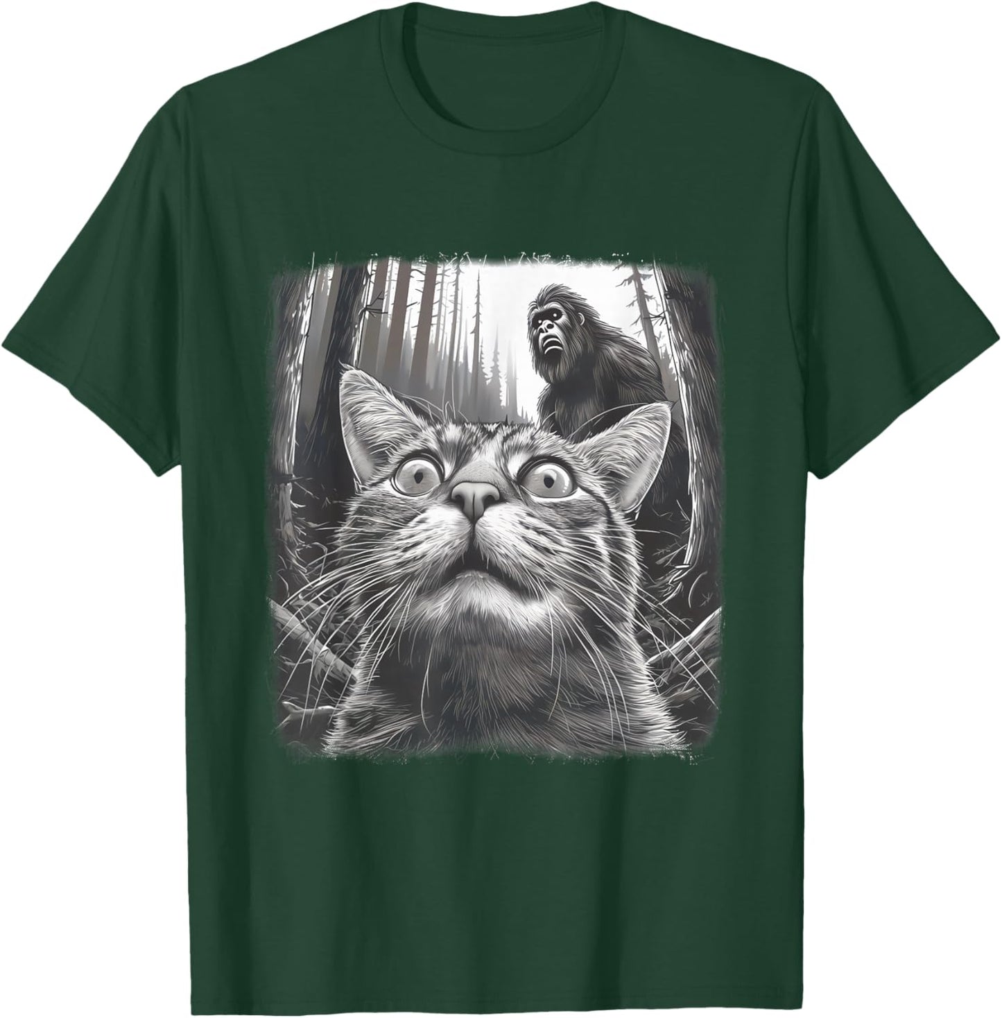 Surprised Scared Cat Selfie With Sasquatsch Bigfoot 0D4ERF T-Shirt - T-Shirt | Forest