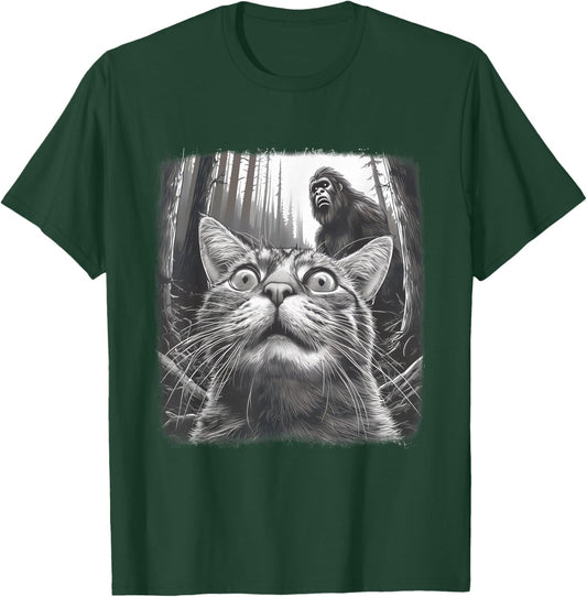 Surprised Scared Cat Selfie With Sasquatsch Bigfoot 0D4ERF T-Shirt - T-Shirt | Forest
