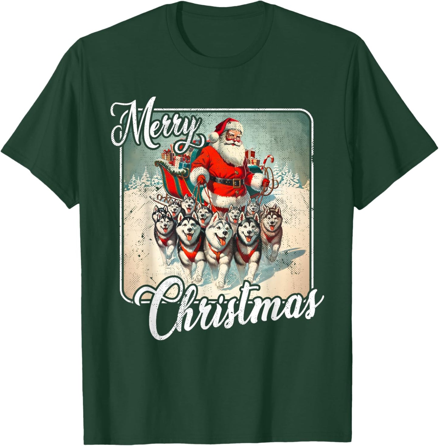 Vintage Husky Family Christmas Huskies Pulling Santa Sleigh T-Shirt - T-Shirt | Forest