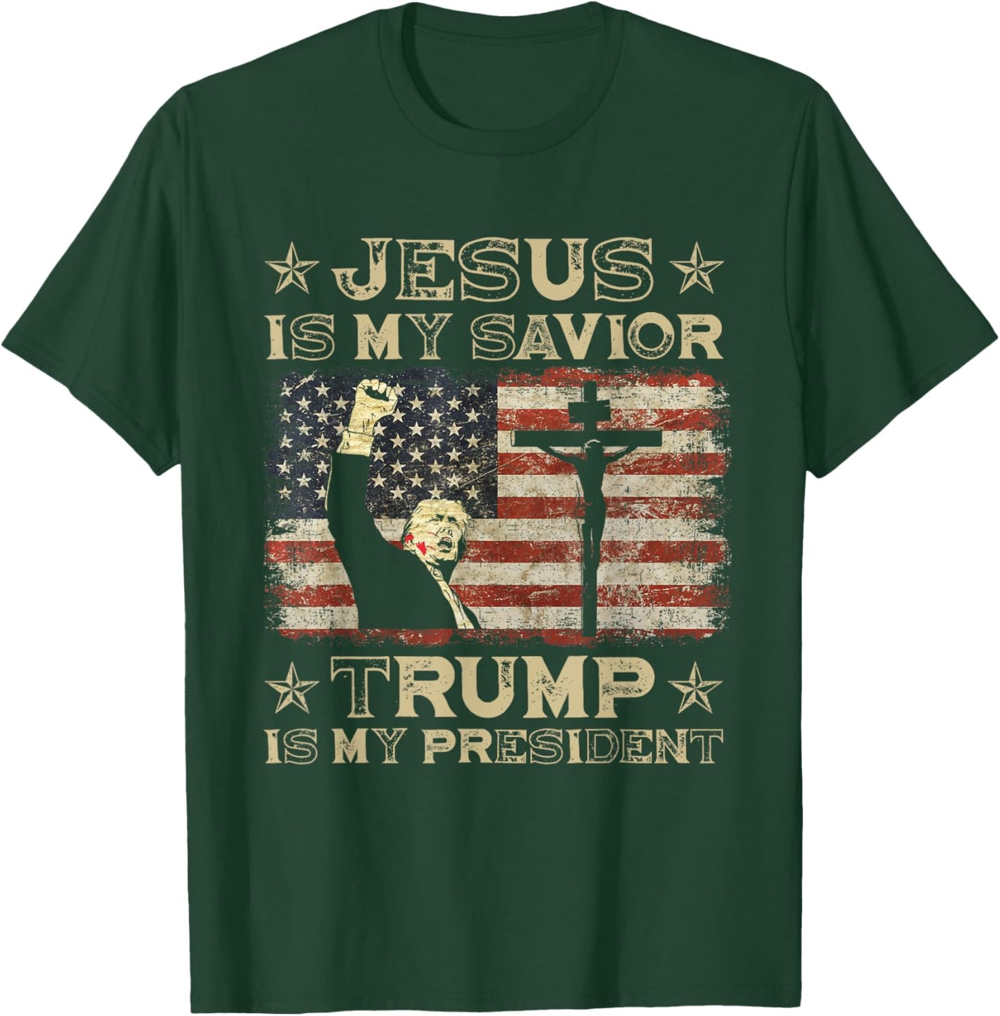 Jesus Is My Savior Trump Is My President Trump 2024 USA Flag T-Shirt - T-Shirt | Forest