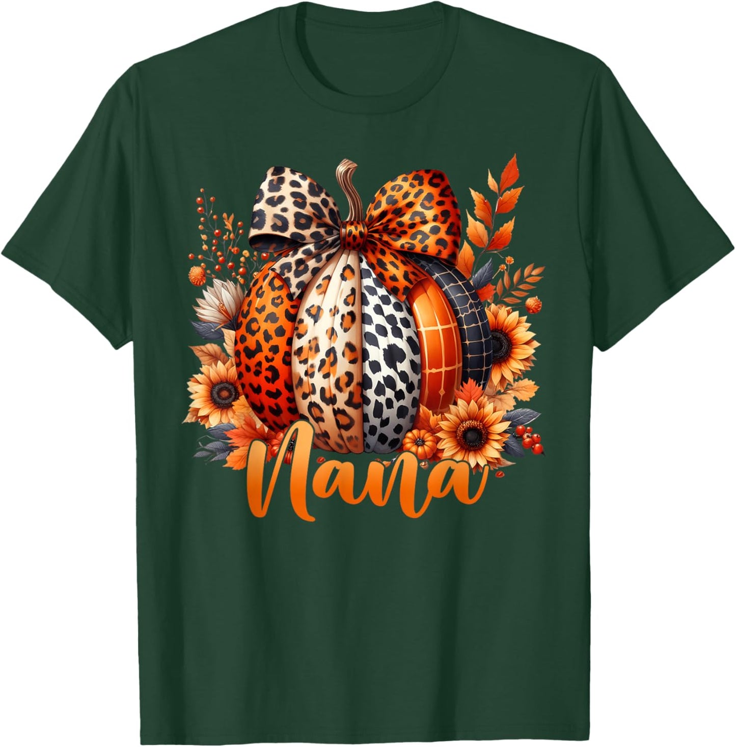 Nana Thanksgiving Leopard Pumpkin Sunflower Coquette Bow T-Shirt - T-Shirt | Forest