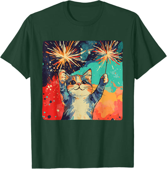 Cute celebrating Cat for Happy New Year Lovers T-Shirt - T-Shirt | Forest
