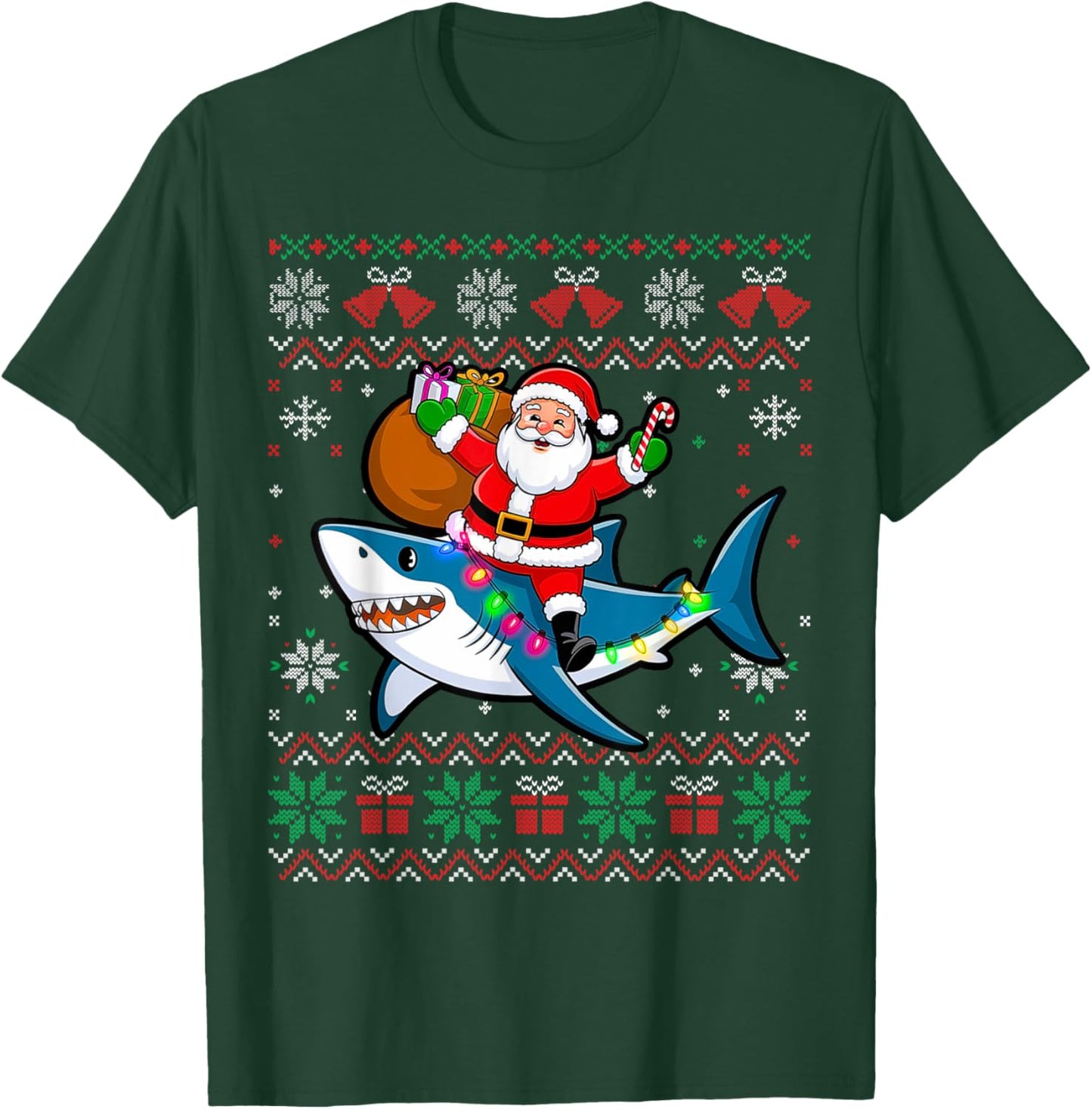 Funny Ugly Christmas Santa Riding Shark Holiday Gifts T-Shirt - T-Shirt | Forest