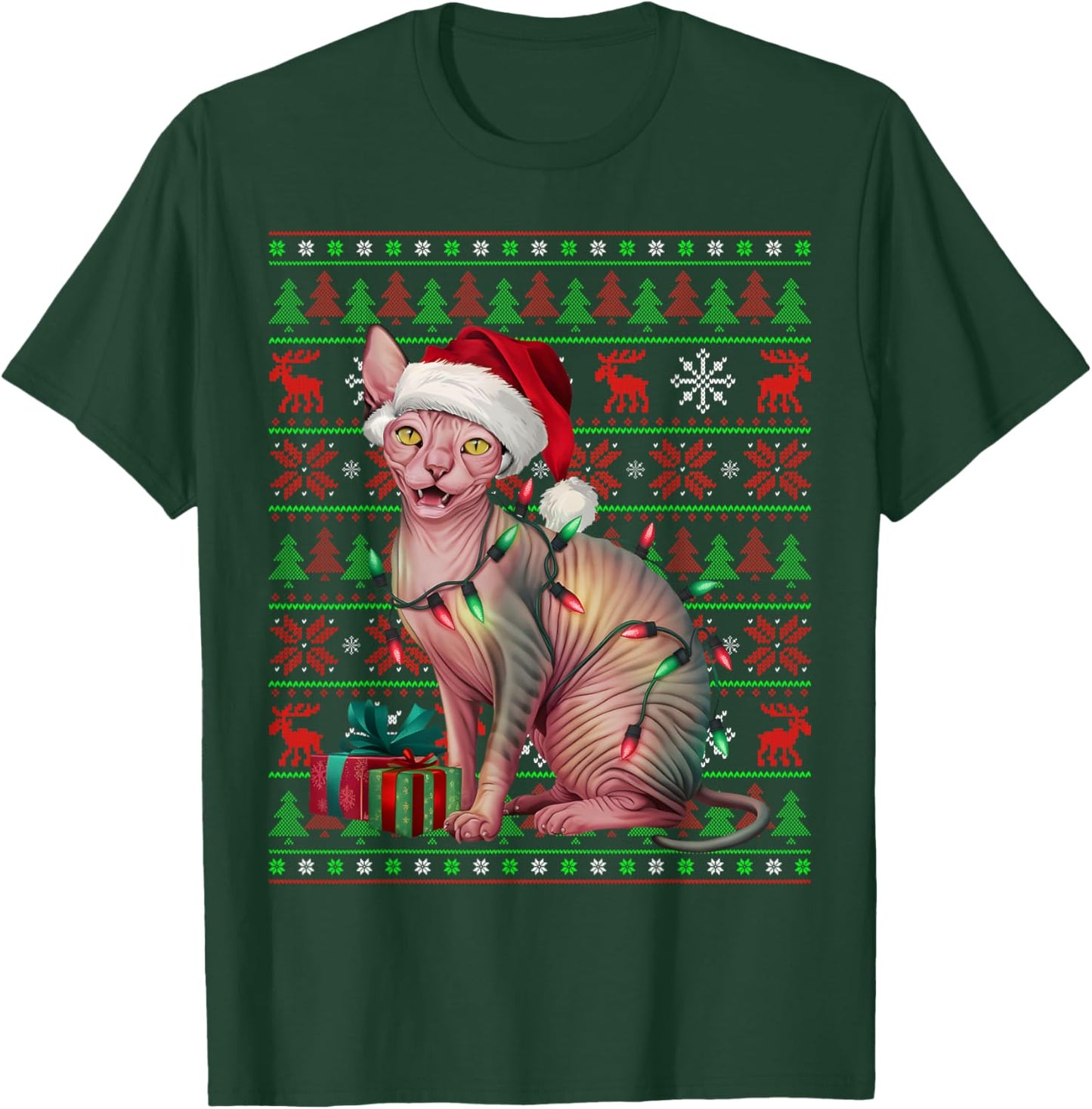 Sphynx Cat Xmas Lights Ugly Santa Hat Sphynx Cat Christmas Women Kids T-Shirt - T-Shirt | Forest