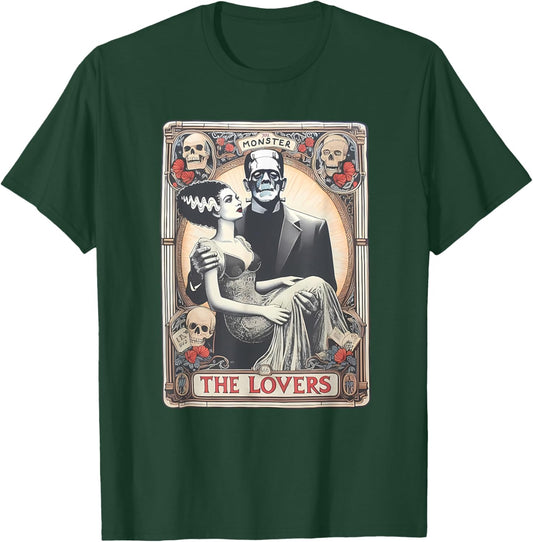 Retro Halloween Frankenstein Tarot Card - Adults - Black - Small - Short Sleeve - Regular Fit - Cotton 100%, Polyester Blend - Halloween, Retro, Couples, Tarot Card Fans T-Shirt - T-Shirt | Forest
