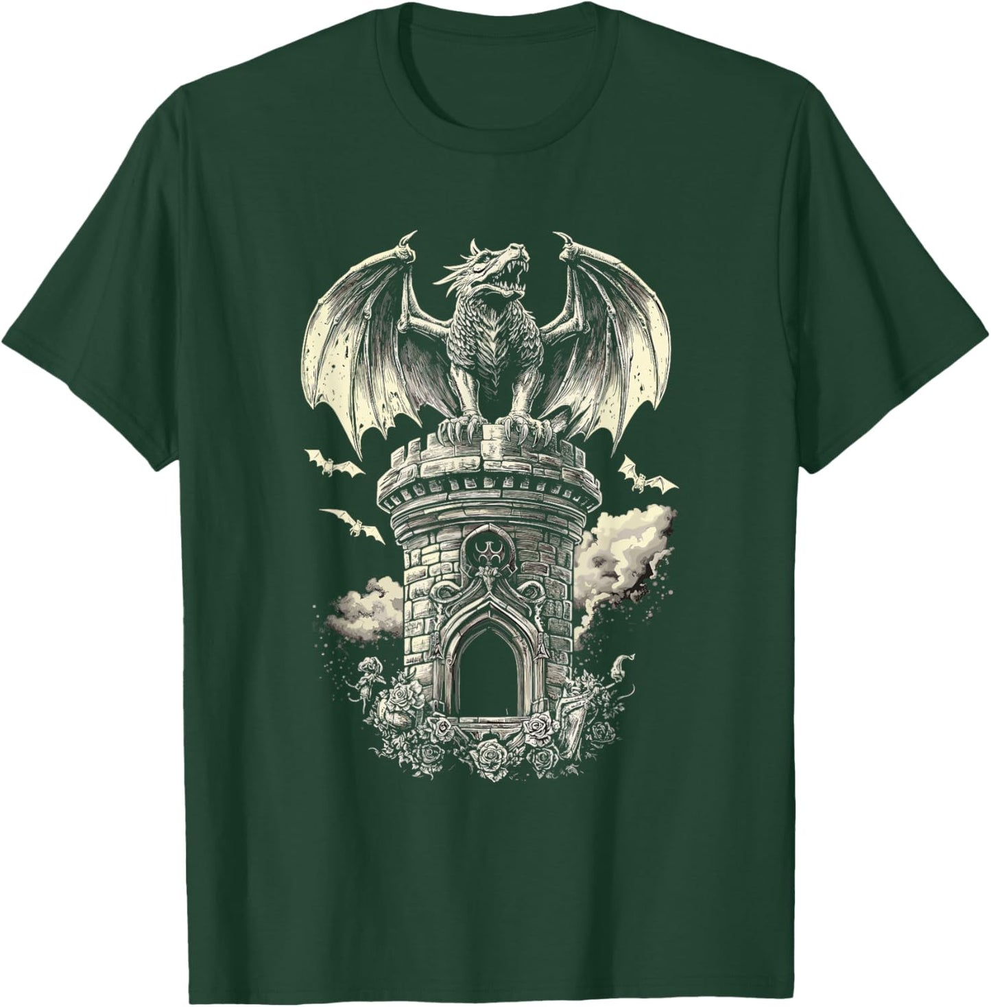 Dragon on Tower with Bats - Gothic T-Shirt - T-Shirt | Forest