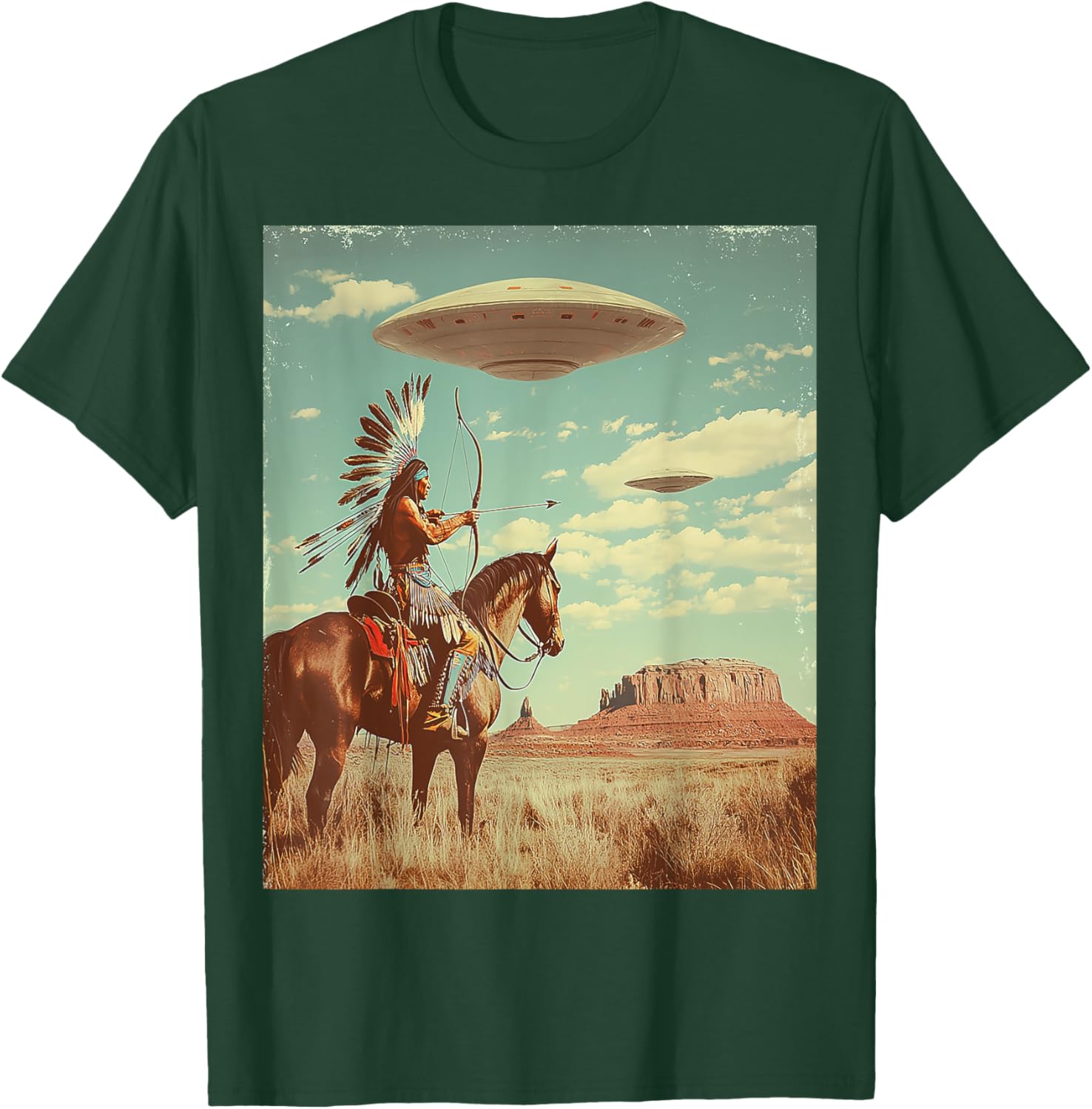 Retro Desert Indian Riding Horse Shooting Bow Arrow UFO Art T-Shirt - T-Shirt | Forest