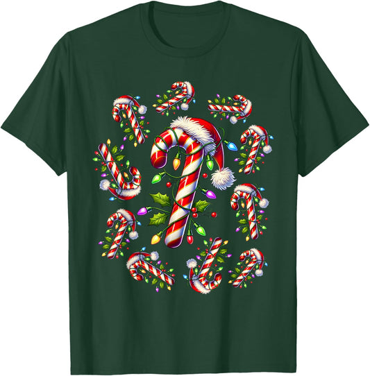 Red and White Candy Cane Santa Christmas Funny Xmas Lights T-Shirt - T-Shirt | Forest