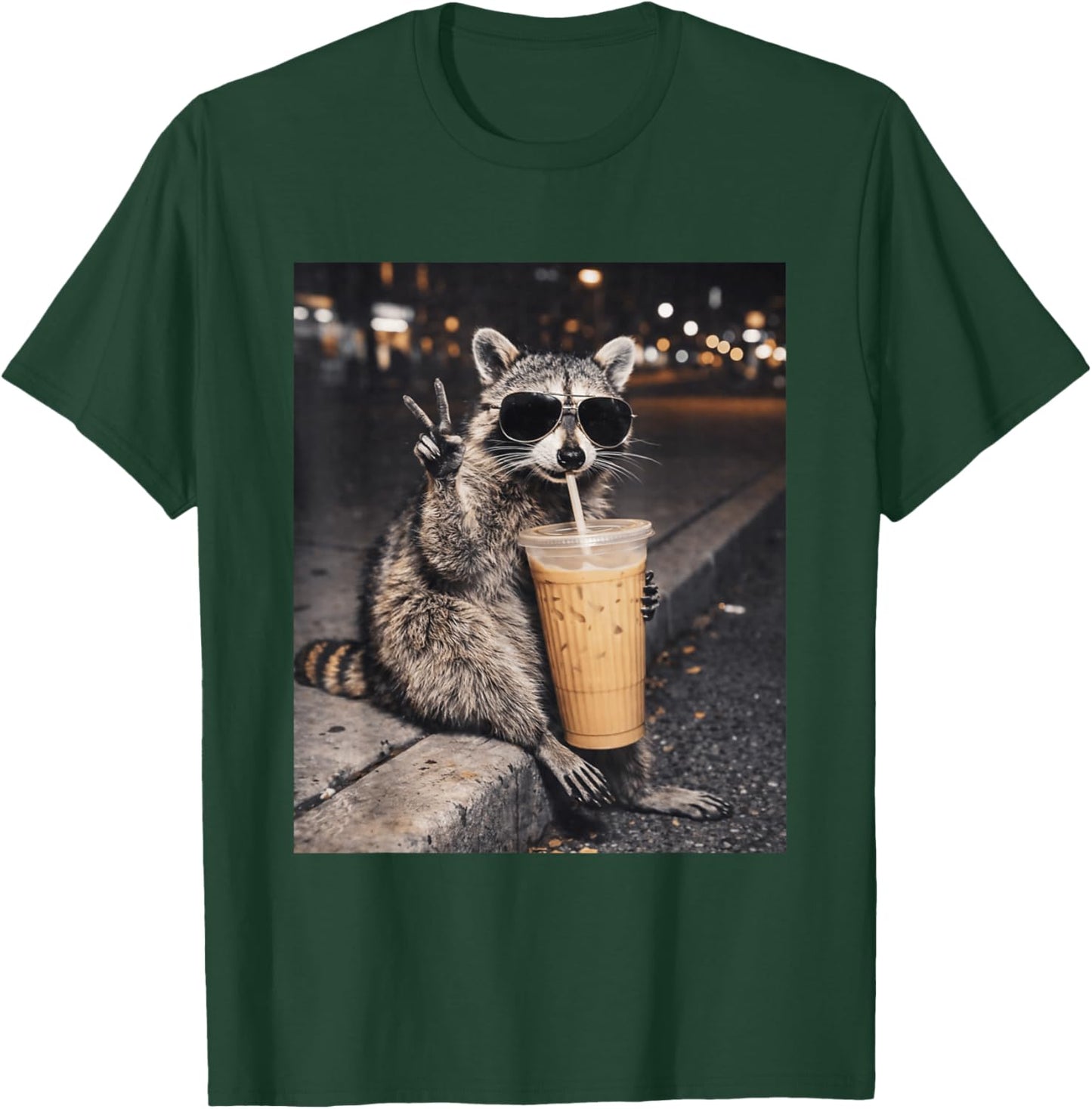 Raccoon Drinking Iced Coffee Funny Animal Meme T-Shirt - T-Shirt | Forest