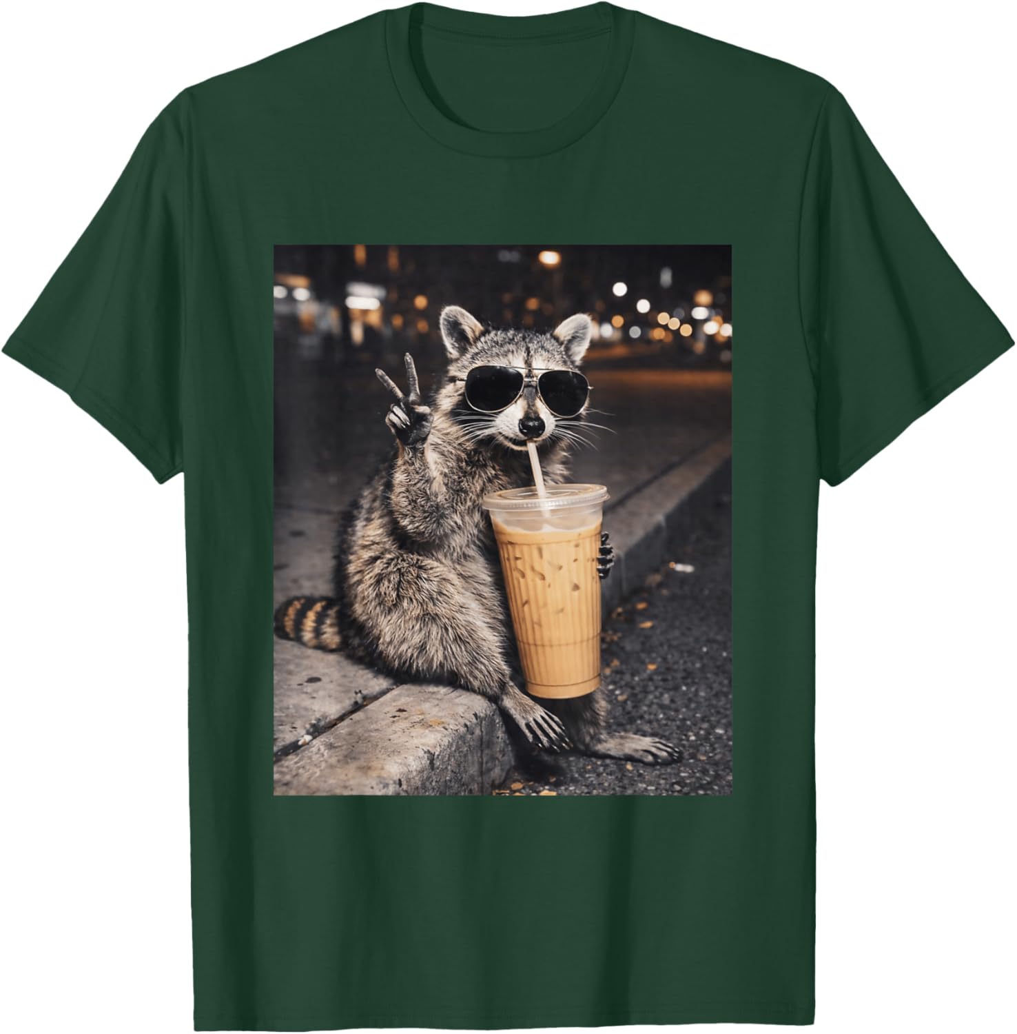 Raccoon Drinking Iced Coffee Funny Animal Meme T-Shirt - T-Shirt | Forest