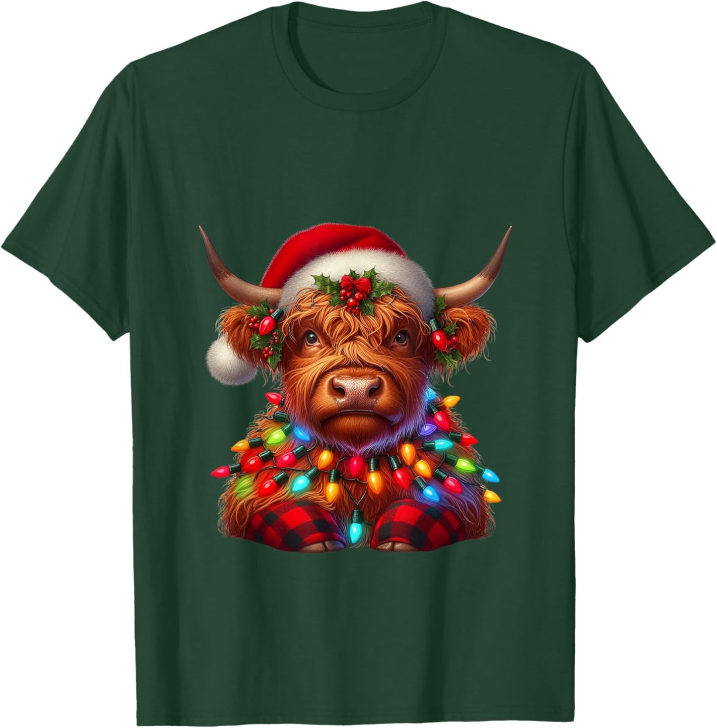 Scottish Highland Cow Christmas Santa Hat Lights Xmas Pajama T-Shirt - T-Shirt | Forest