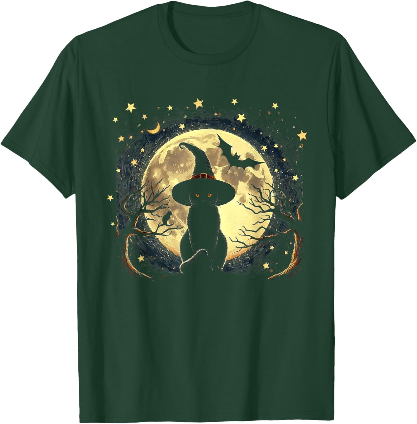 Vintage Scary halloween black cat Van gogh Starry Night Moon T-Shirt - T-Shirt | Forest