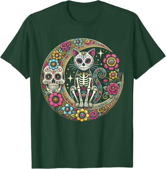 Cat Moon Dia De Los Muertos Day Of The Dead Sugar Skull T-Shirt - T-Shirt | Forest