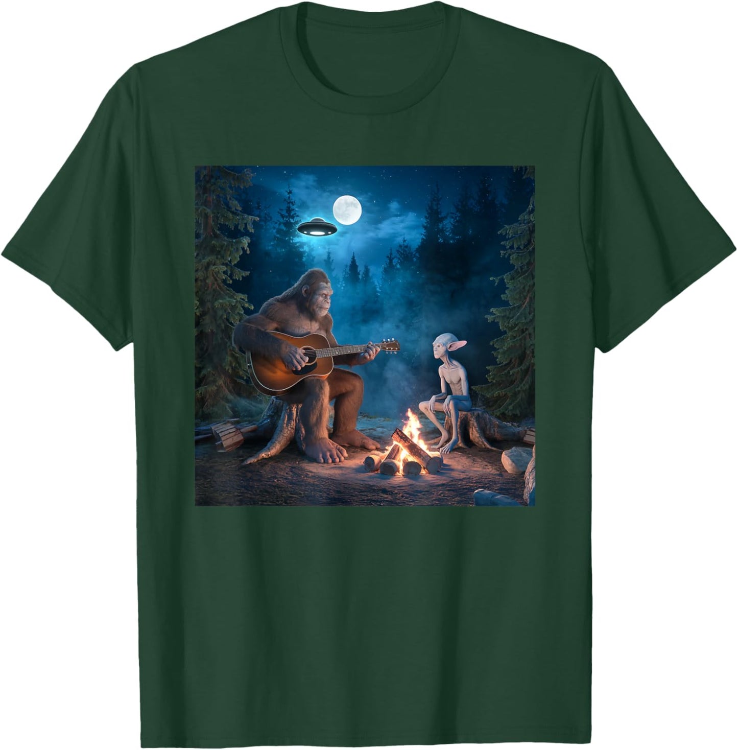 Bigfoot Alien Sasquatch Campfire UFO Music Night Scene T-Shirt - T-Shirt | Forest