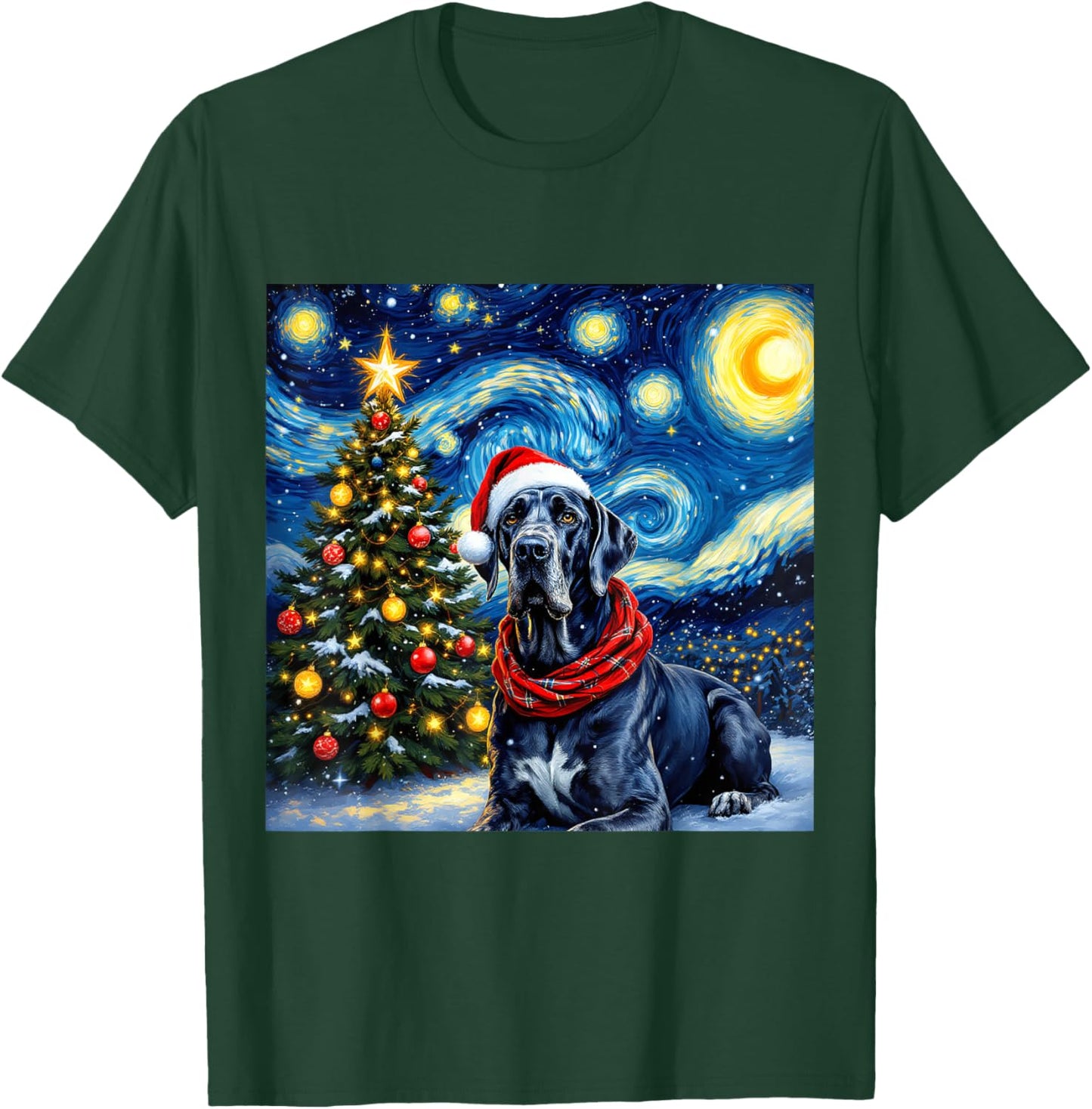 Great Dane Starry Night Christmas Van Gogh Dog Santa Hat T-Shirt - T-Shirt | Forest
