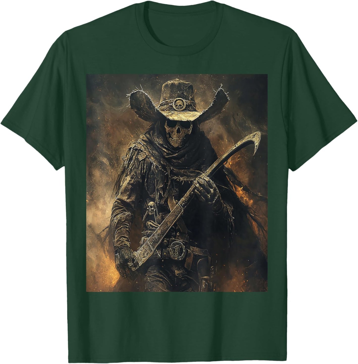 Western Grim Reaper Cowboy Wearing Hat Scythe Skull Art T-Shirt - T-Shirt | Forest