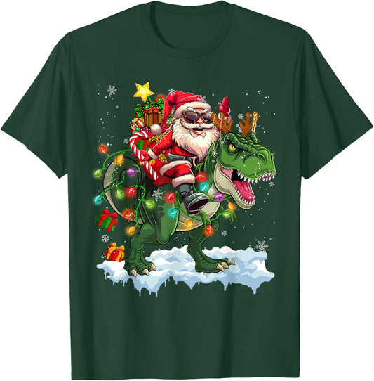 Merry Christmas 2025 Santa Riding Dinosaur Xmas Boy Men Kids T-Shirt - T-Shirt | Forest