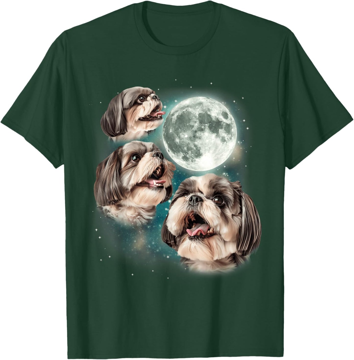 Three Shih Tzu Moon | 3 Puppies Howling Fun Dog Parody Meme T-Shirt - T-Shirt | Forest