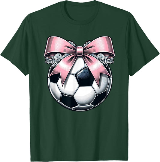 Soccer Coquette Bow Cute Soccer Graphic Girls T-Shirt - T-Shirt | Forest