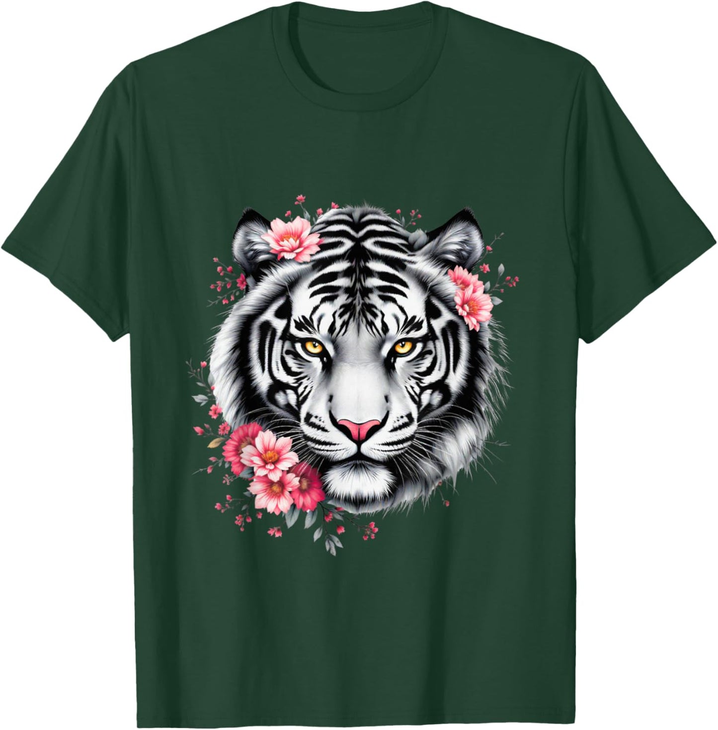 White Tiger With Flowers Graphic T-Shirt - T-Shirt | Forest